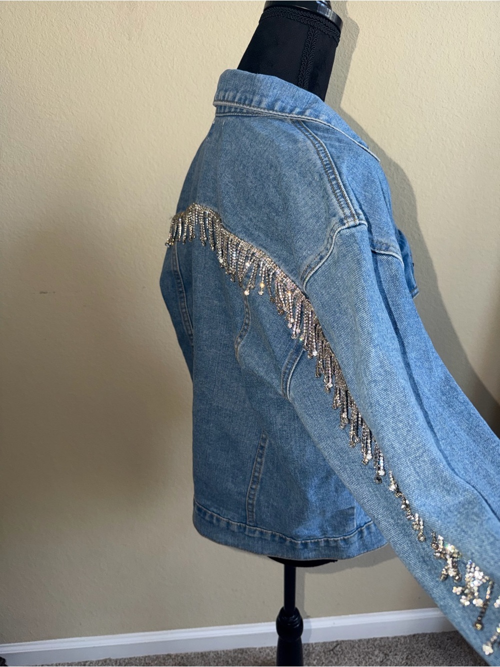 Superdown Light Blue Denim Jacket with Rhinestone Fringe
